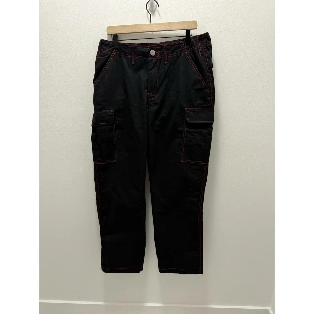 True Religion Mens 32 Black Cargo Pants Red Stitch Wide Leg Y2K Streetwear NWT